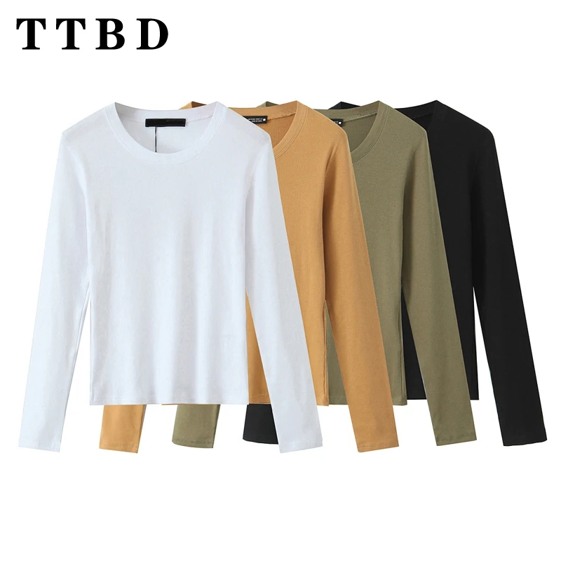 

TTBD 2024 Autumn Solid Color Knitted Rib Pullovers Round Collar Full Sleeve Skinny Knitwear Base Jumper