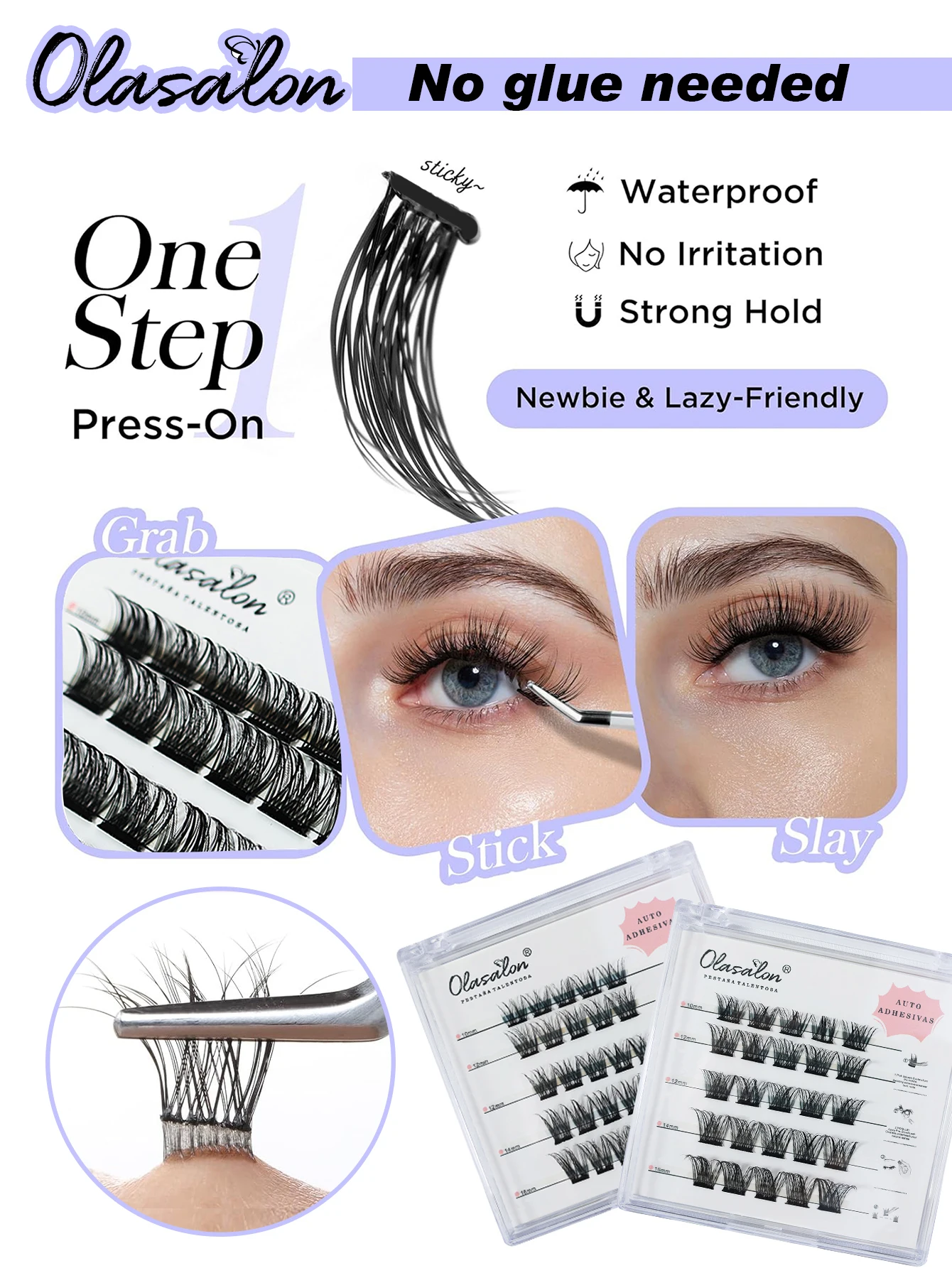 Olasalon Self Adhesive Lash Clusters  D+ Curl Press-On No Glue Needed DIY Lash Extension Reusable Cluster Lashes Fuss Free No St