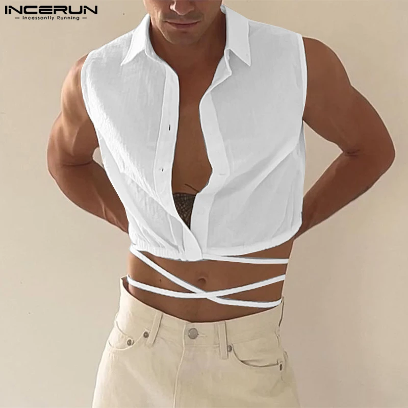 2023 Men Shirt Lapel Sleeveless Solid Button Down Lace Up Backless Crop Tops Men Streetwear Sexy Fashion Camisas S-5XL INCERUN