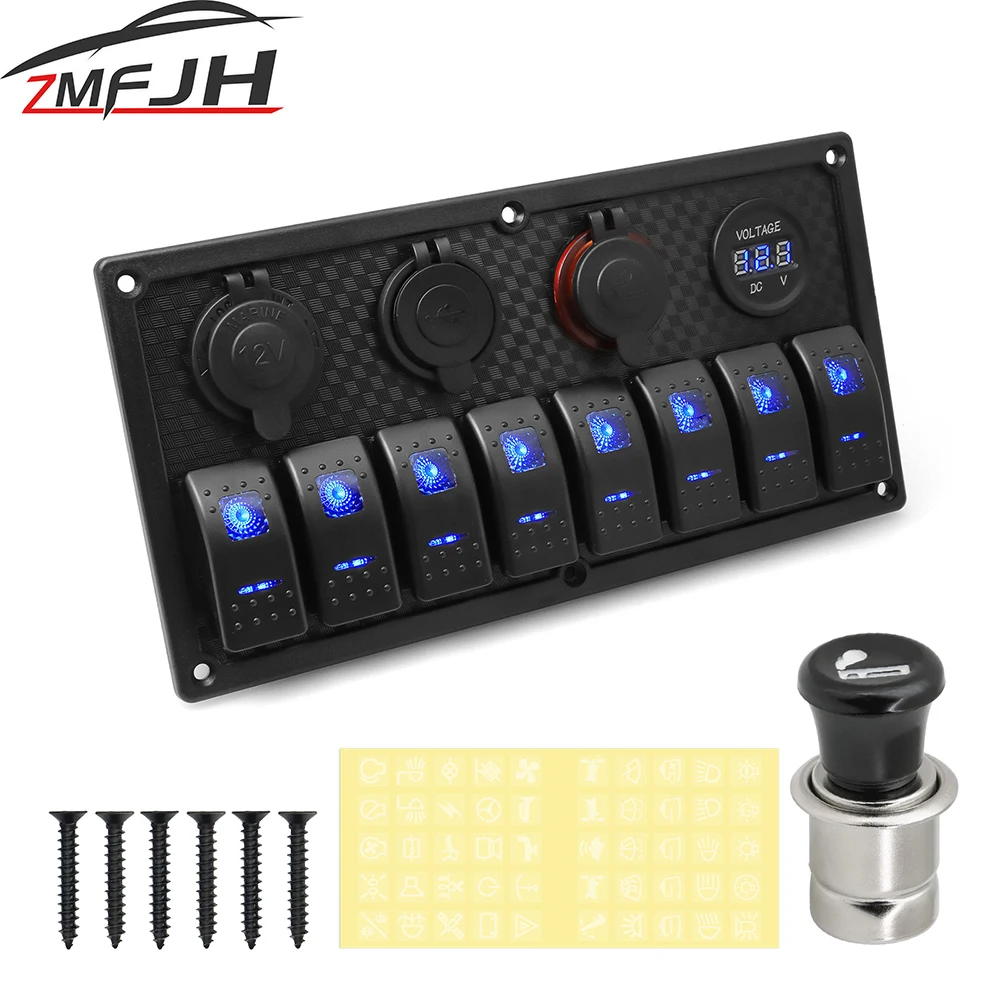 

8 Buttons LED Switch Control Panel Cigarette lighter USB Chargers Digital Voltmeter Toggle Switch Panel For Car Truck RV Boat