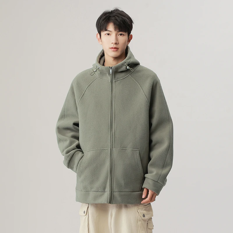 New Men'S Autumn Winter Casual Versatile Thick Polar Fleece Warm Coat Fashion Trendy Youth Hooded Outdoor Sports Fleece Jacket