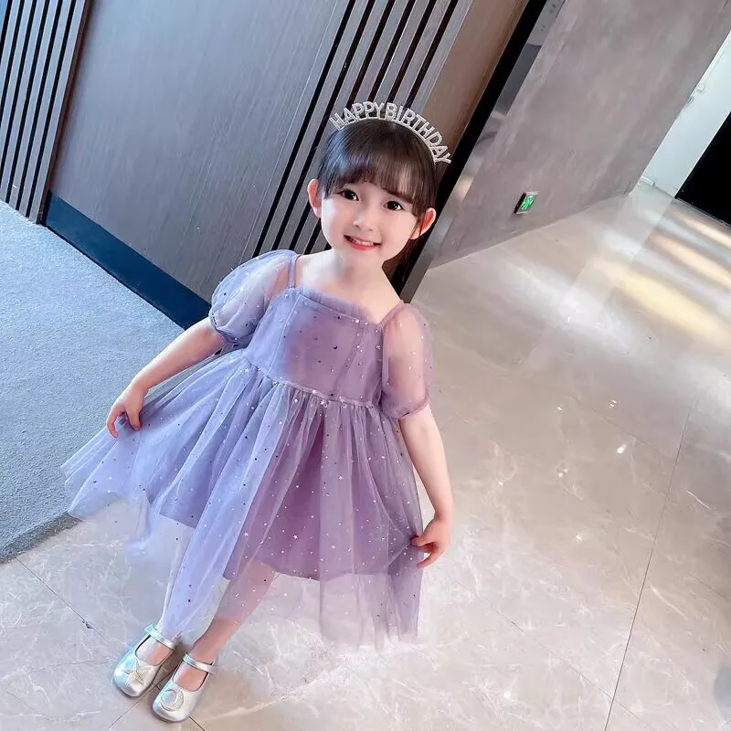 New Summer Girls Princess Dress with Sequin Tulle Puff Sleeves Party Dresses Purple Casual Dresses for Kids