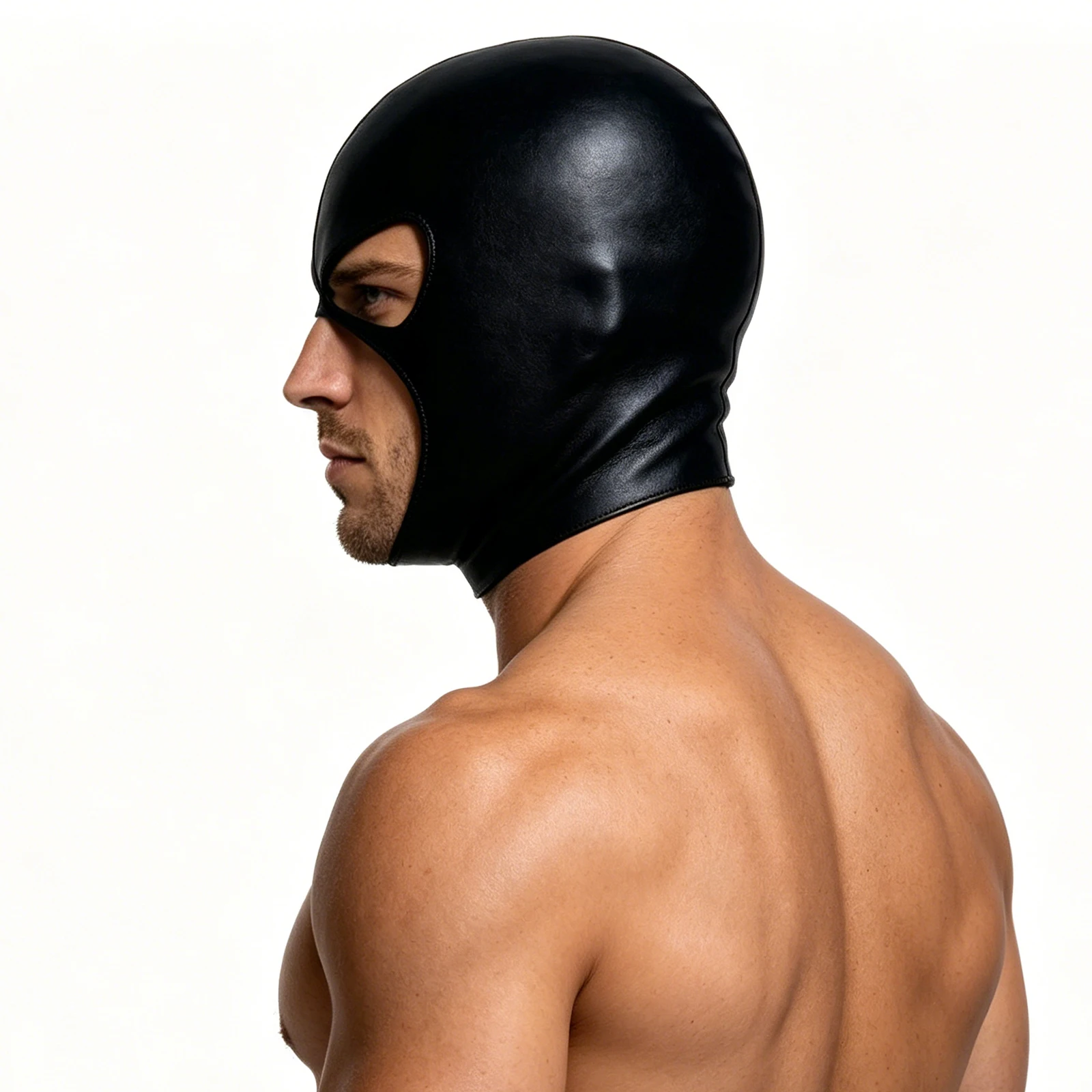 Cosplay Hood Head Faux Leather Mask Men Headgear Wet-Look Black 3 Holes Cover Face Mask CS Halloween Carnival Role Play image 5