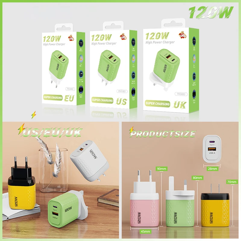 Caricabatterie da 120W ricarica rapida PD QC 3.0 caricatore USB di tipo C ricarica rapida adattatore per spina EU/US/UK per samsung iphone Xiaomi