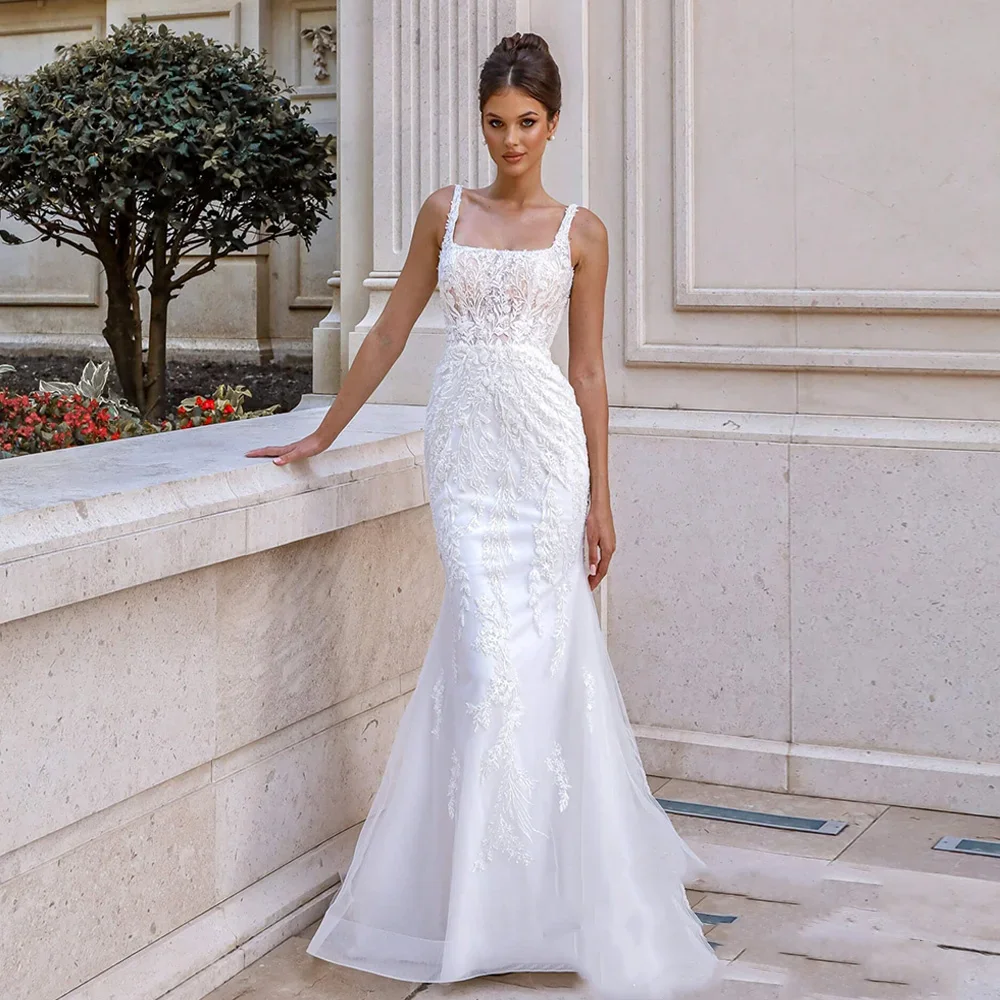 Flavinke فساتين زفاف حورية البحر مخصصة 2025 ذيل قابل للانفصال رقبة مربعة زين سويب تراين فيستدو دي نويفا فستان زفاف