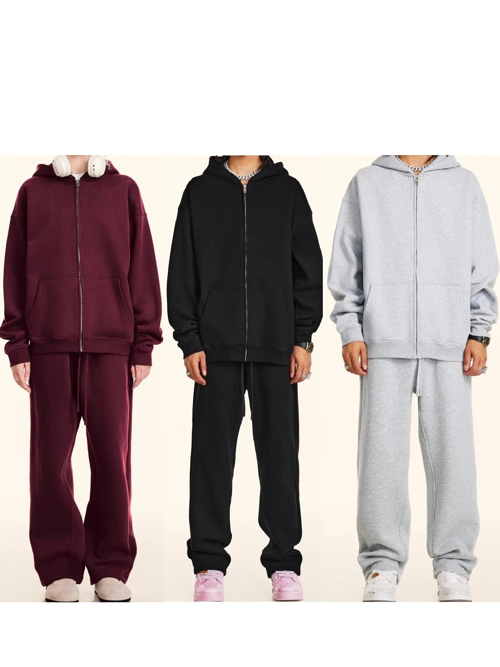 

Kanye Autumn Winter Red Fce Lined Zip up Hoodie And Pants Set Men Women Casual Sportswear Long Sve Long Pants Youth