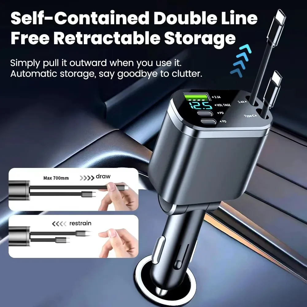 120 واط 4/5 في 1 قابل للسحب شاحن سيارة USB C كابل آيفون هواوي سامسونج شحن سريع الحبل ولاعة السجائر محول PD QC3.0 #4