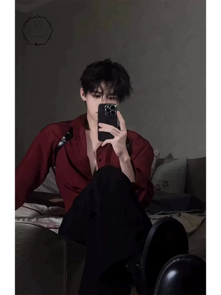 

Wine Red Long Sve irt Men's Korean Sle Casual Suit Inner Spring Outerwear Durable Polyester Fiber Non-iron Treaent