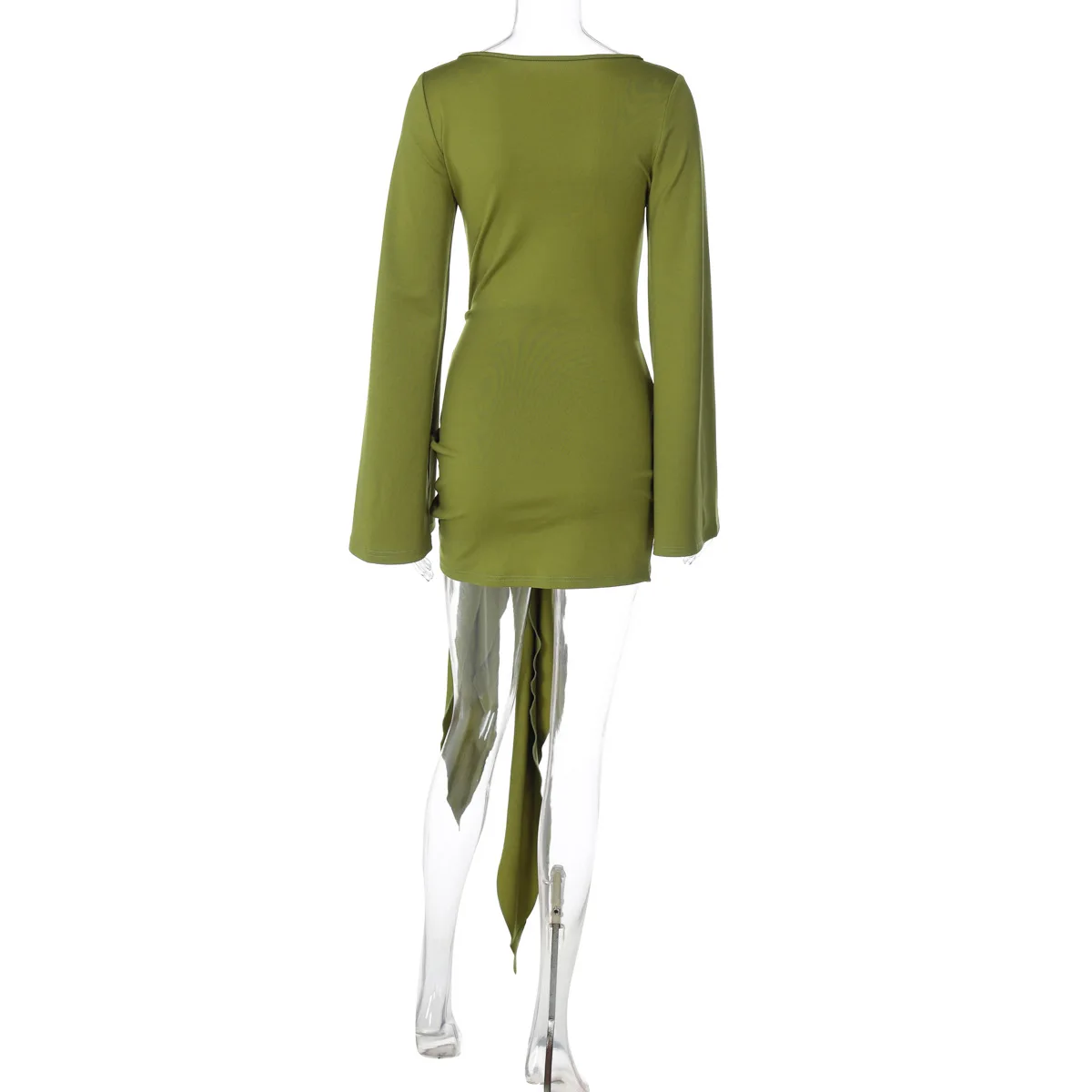 New Mid-Collar Fashionable Tie-Detail Mini Dress Long Sleeves Solid Charm Slim Pleated Bandage Dress 2025 Female Bodycon Dress