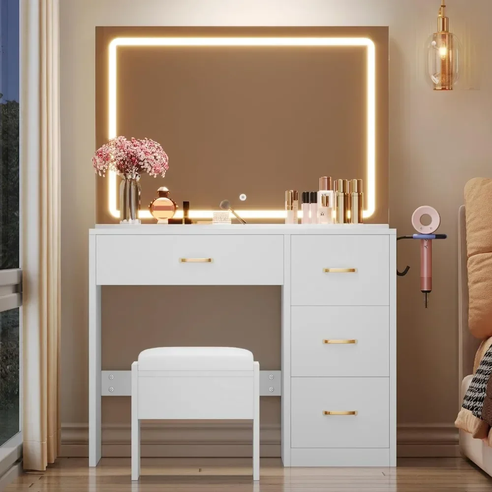 Makeup Vanity with Lighted Mirror, Vanity Desk with Power Strip, Adjustable Lighting,and Cushioned Stool