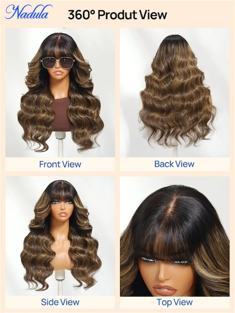 Nadula Balayage براون الانفجارات غلويليس باروكة من شعر طبيعي الجسم موجة 13x4 الأذن إلى الأذن قبل قطع الدانتيل أمامي باروكة من شعر طبيعي جاهزة للارتداء