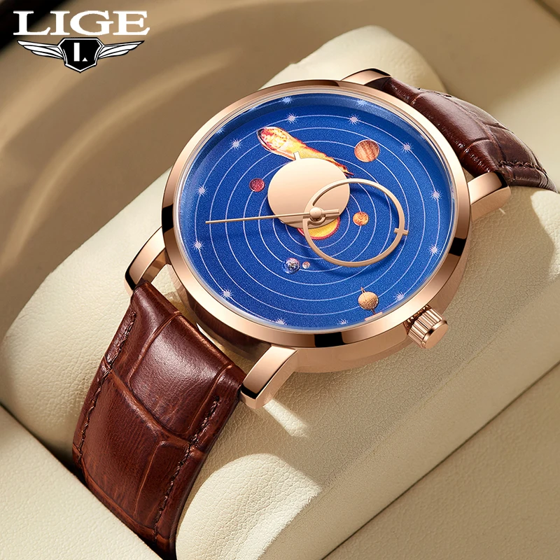 LIGE Luxury Sport Quartz Man Watches Casua Fashion Solar System Dial Design 30M Waterproof Leather Watch for Men Military Clocks