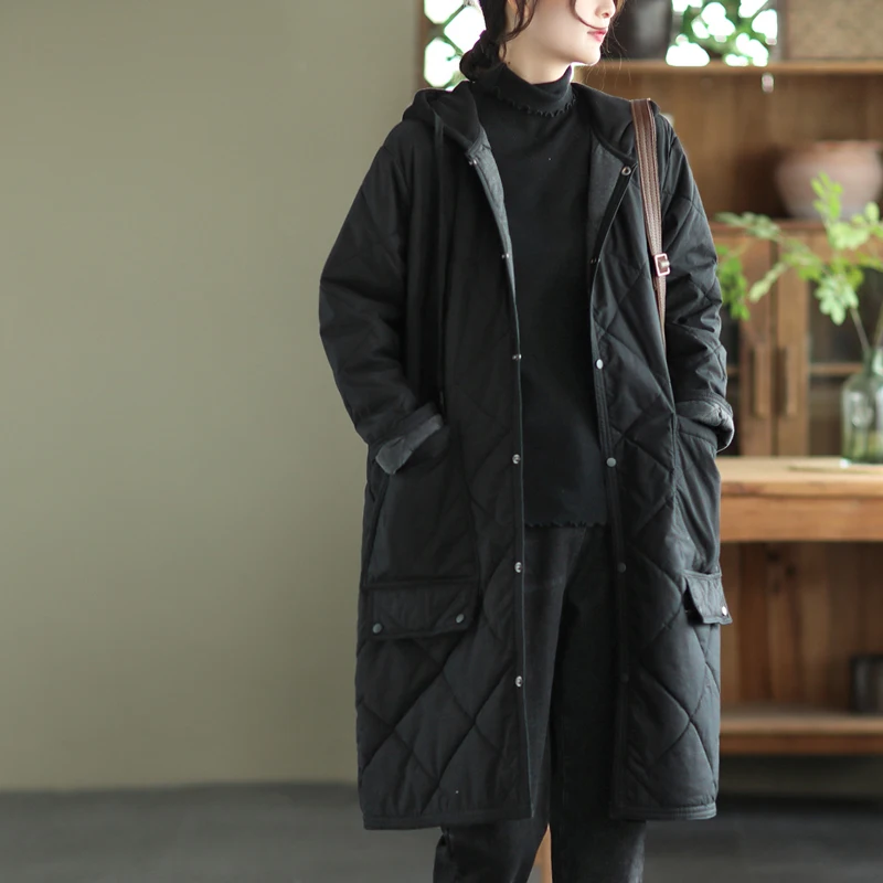 معطف شتوي مبطن من القطن Jaet فني كبير الحجم للنساء معطف طويل بقلنسوة مع كيت للتنقل Sle