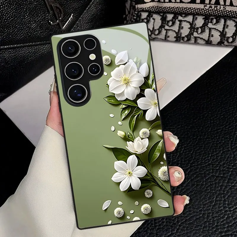 Minimalist White Floral Print Phone Case  suitable for Samsung Galaxy S26/S25/S24/S23/S22/S21 and other models
