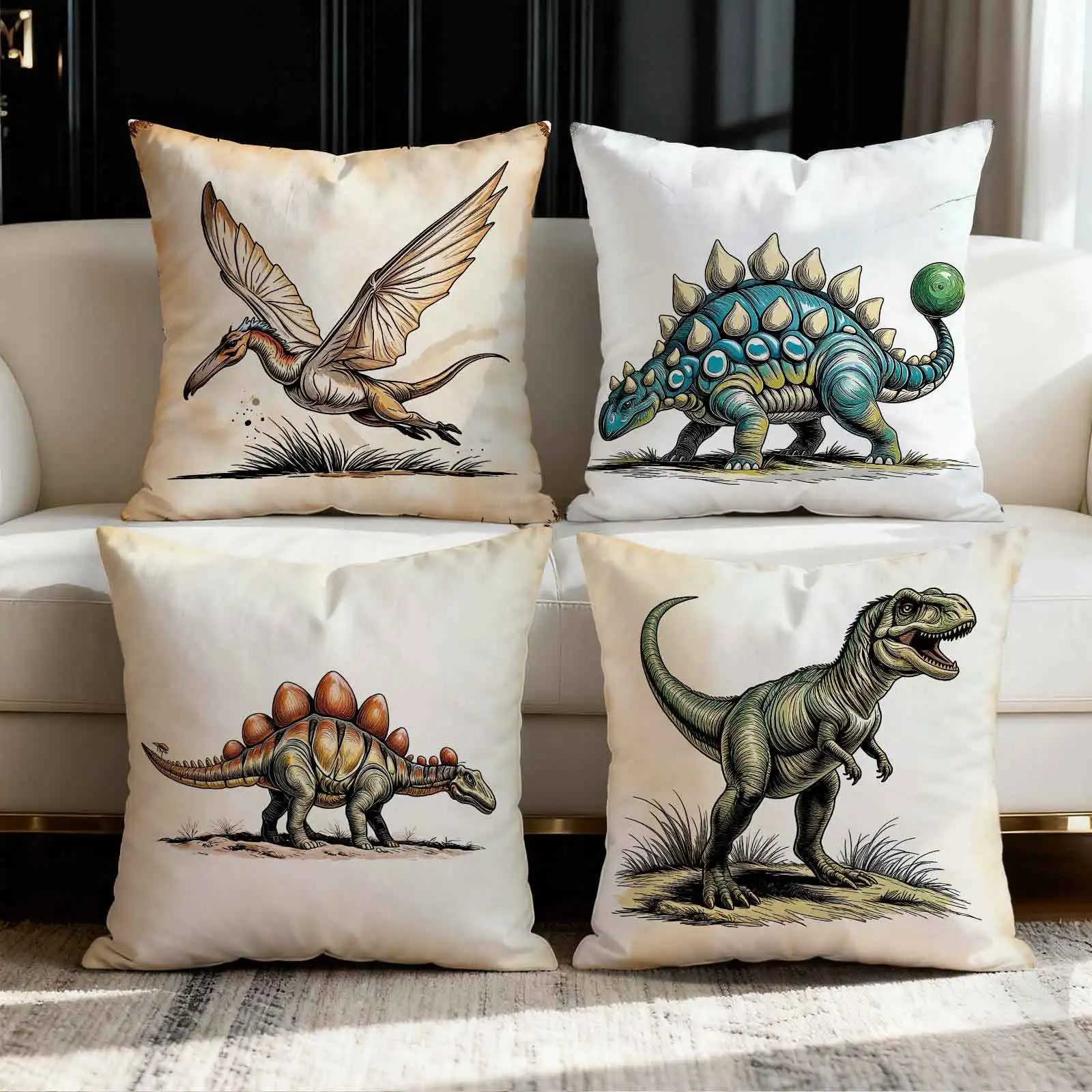 Dinosaur Pillow Covers Set of 4 Jurassic Prehistoric Animal Art Cushion Case for Home Decor Cartoon Dino Throw Pillow Jungle Sty