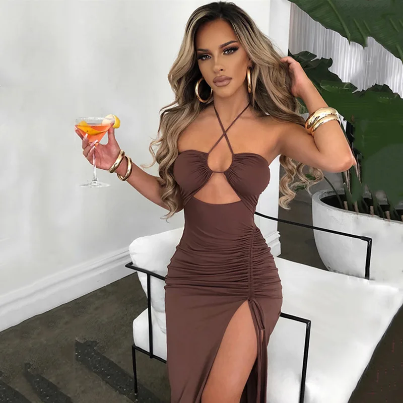 

insWind Spring New Dress Sexy Hot Girl High Slit Crimp Halter-Style Elegant Chest-Flattering Dress