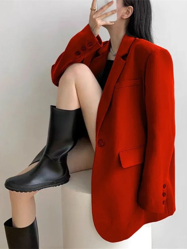Blazer a maniche lunghe larghi da strada alla moda Cappotto da donna da ufficio casual con bottone singolo All-match Blazer da donna vintage solido