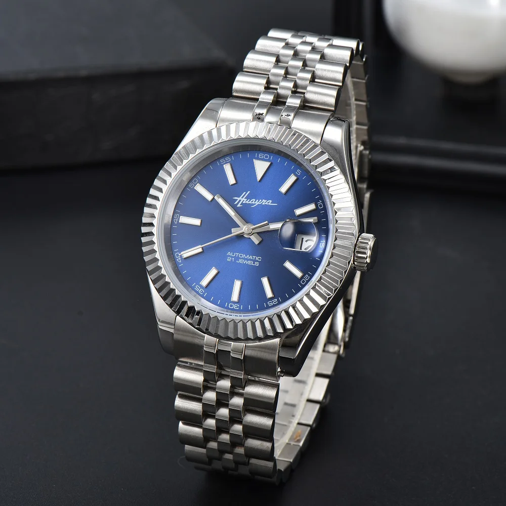 HUAYRA Fashion Luxury Automatic Machinery quadrante blu orologio in acciaio inossidabile per il tempo libero calendario impermeabile orologio da uomo fibbia pieghevole