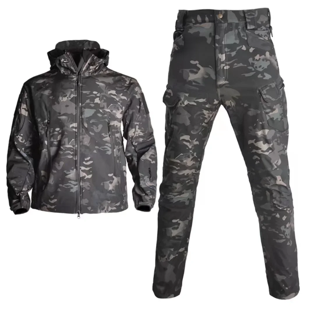 Conjunto de 2 piezas táctico impermeable para hombre, chaqueta con capucha de piel de tiburón a prueba de viento, pantalones Cargo con múltiples bolsillos, traje de uniforme