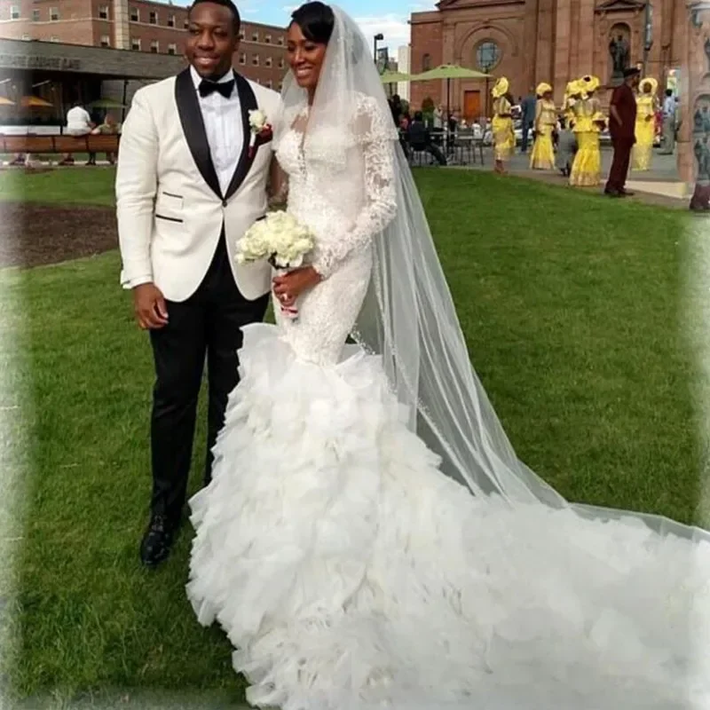 Customized African Mermaid Tiers Layers Wedding Dresses Romantic Appliqued Long Sleeve Lace Wedding Gowns Bridal Gowns Vestid