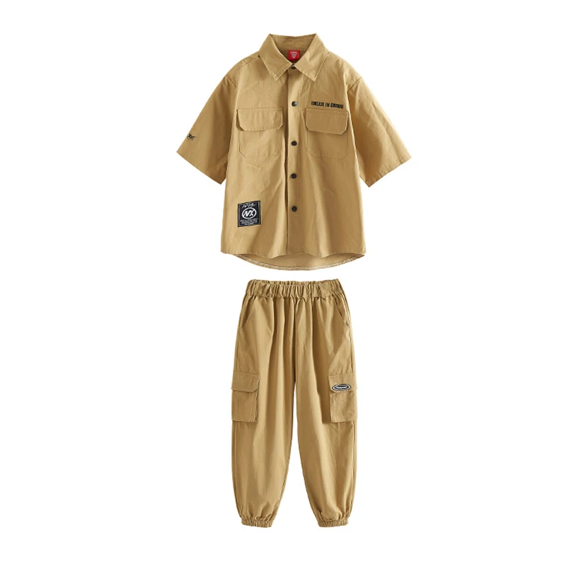 Kids Hip Hop Street Dance Costume Girls Jazz Dance Clothes Khaki Tops Pants Short Sleeved Suit Concert Performance Outfit BL8611