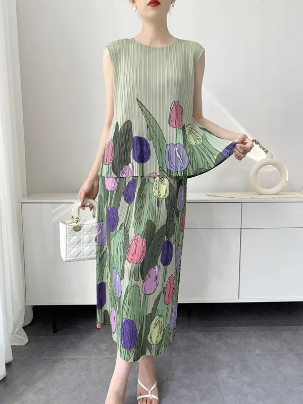 

Удобный повседневный женский комплект-двойка из полиэстера, весна 2025, новый стиль, плиссированный, модный, омолаживающий топ и юбка