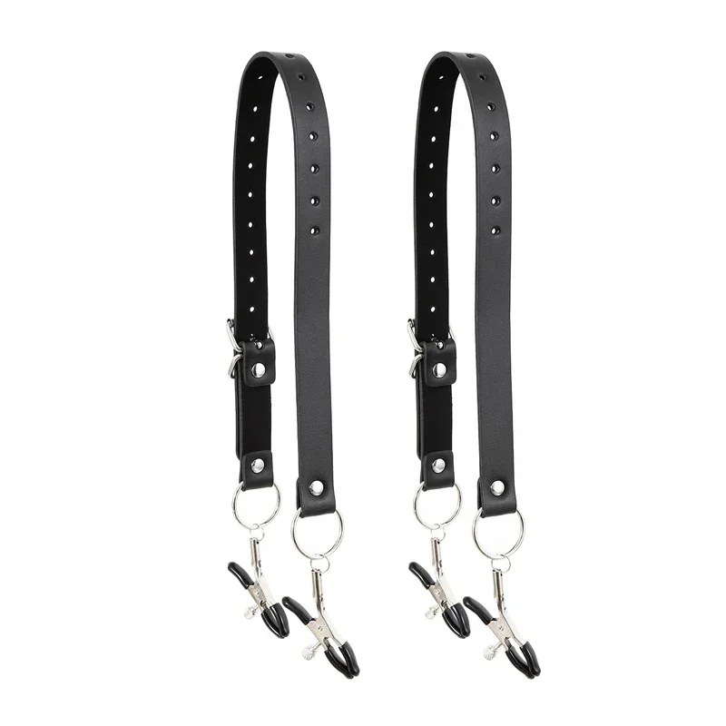 مجموعة حزام BDSM من الجلد الأسود - مشابك الحلمة ومشابك الشفرين وقيود عبودية الوثن ولعب الزوجين المثيرة