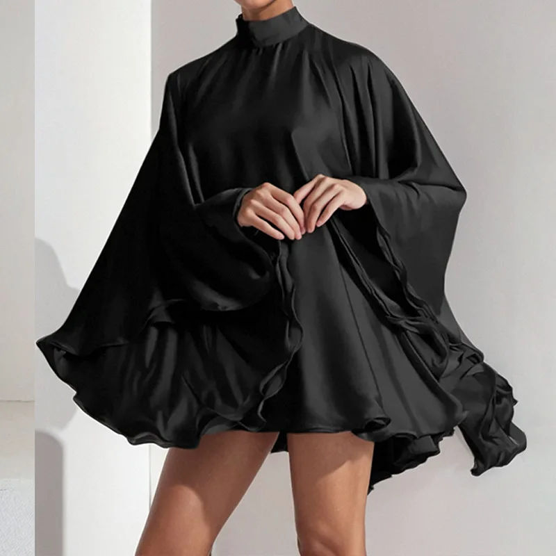 TOY-2025Spring New Women's Fashion Elegant Half-High Collar Ruffle Loose Dress