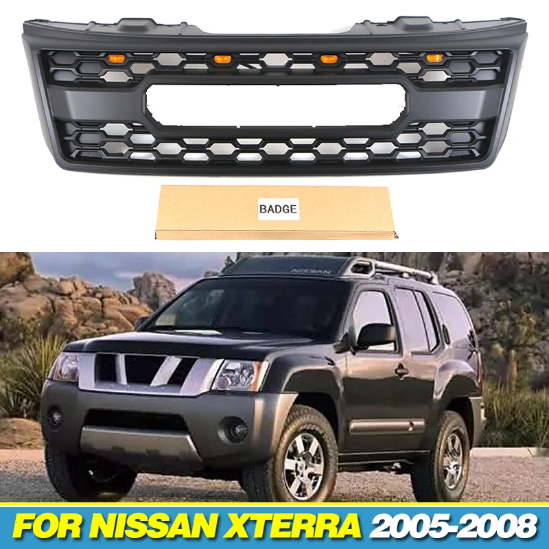 Matte Black Front Grille With Light Fits For NISSAN XTERRA 2005 2006 2007 2008 Racing Grill