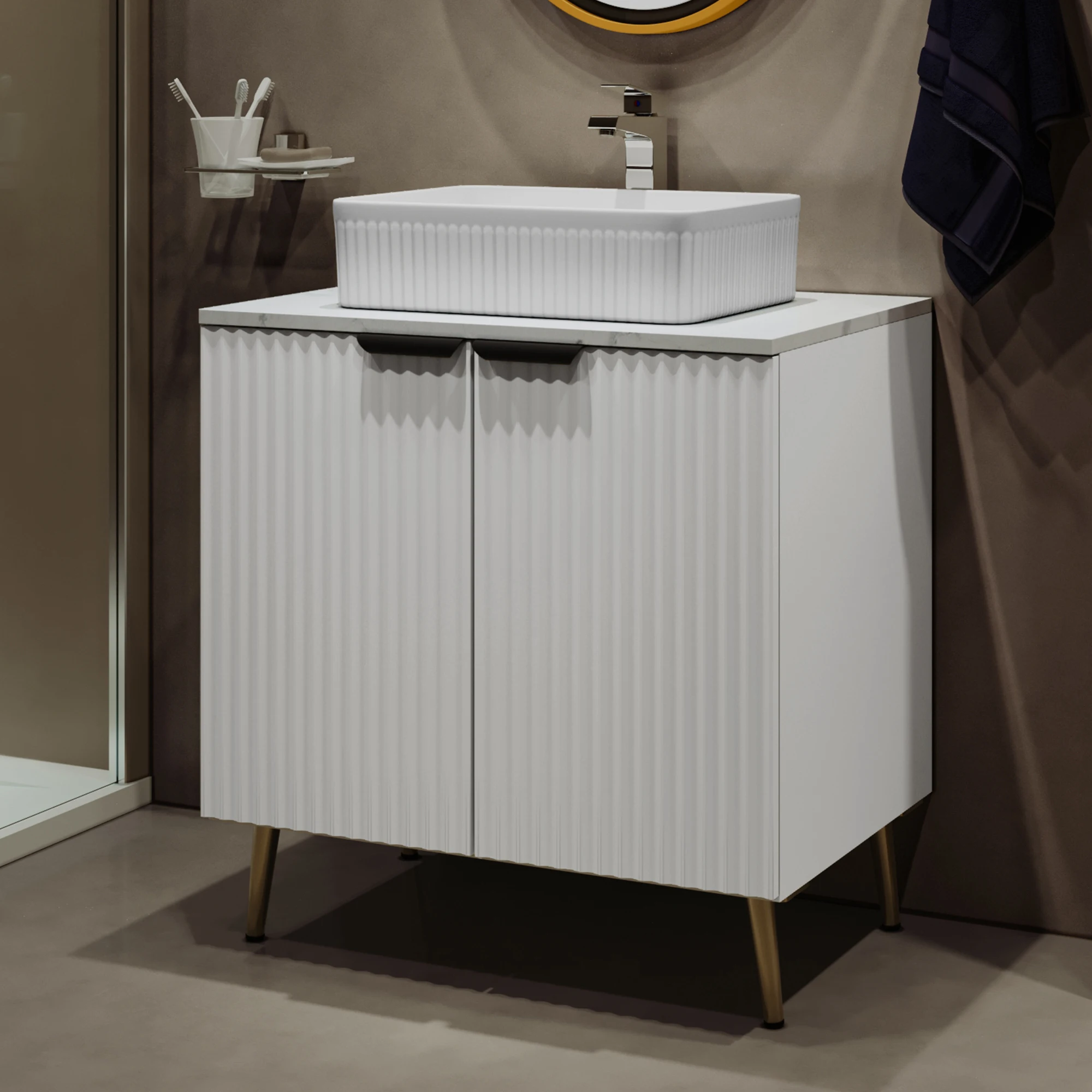 30in Modern Fluted White Freestanding Bathroom Vanity Cabinet With Countertop Ceramic Sink Basin Double‑Door Storage Cupboard with Gold Metal Legs Nordic Bathroom Furniture