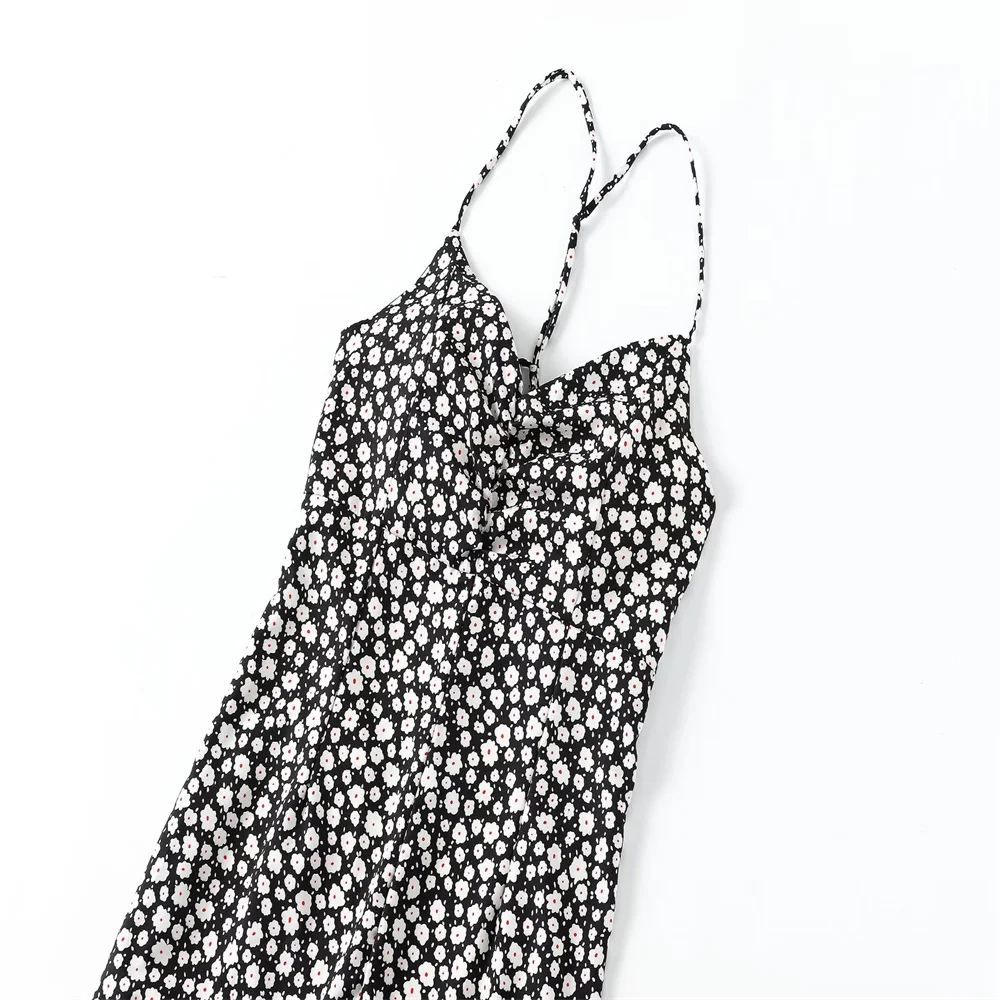 Spring and Summer 2024 New Women's Fashion and Casual Waist Closing Open Back Mid Length Split Strap Fragmented Flower Dress