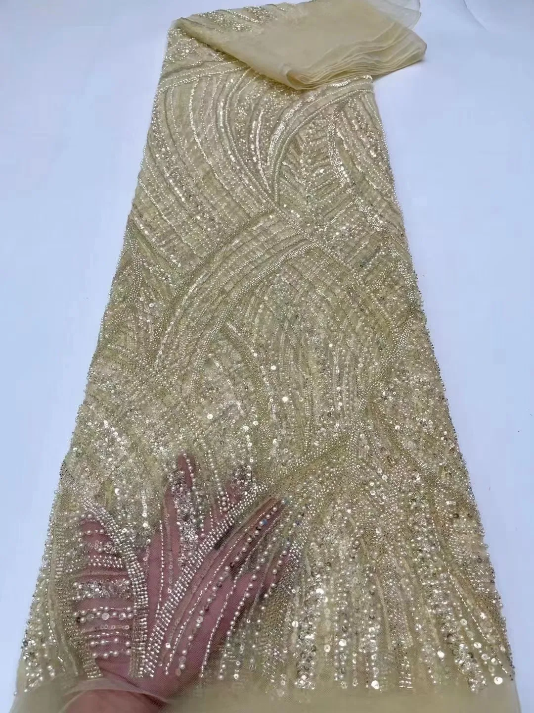 Tessuto di pizzo con perline ricamo francese di alta qualità arancione tessuto di pizzo con paillettes nigeriane africane per abito da sposa