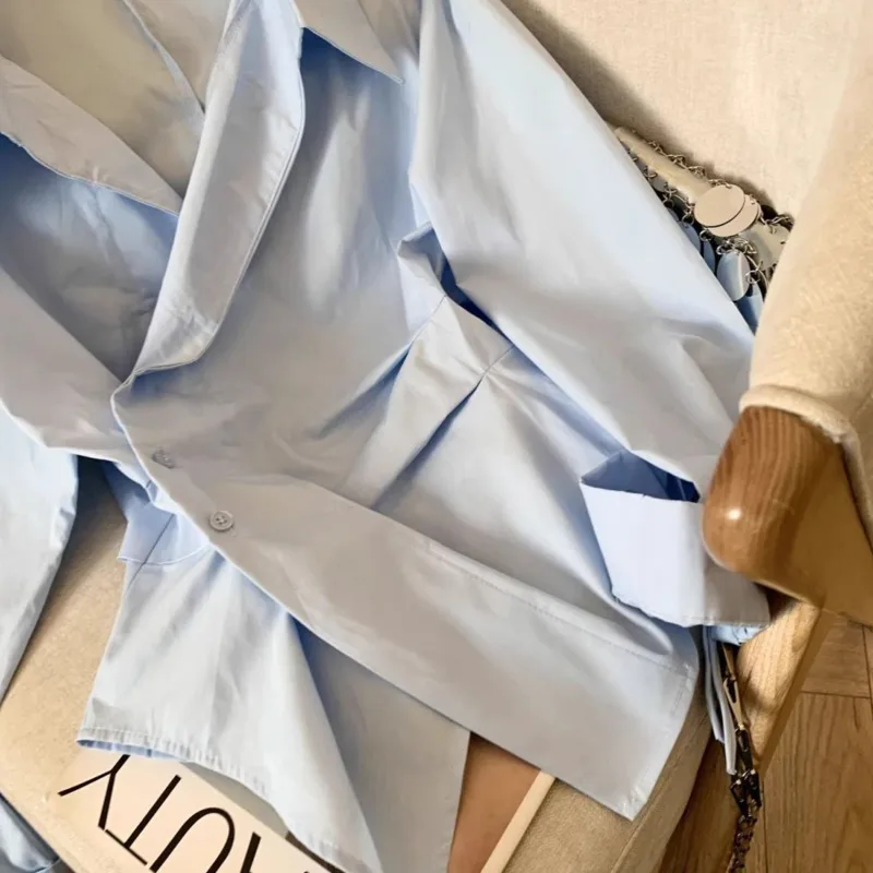 HKSH Spring Autumn New Women Shirt Long Sleeve Turn-down Collar Irregular Waist Cinching Solid Color Elegant Tide Blouse HK17221