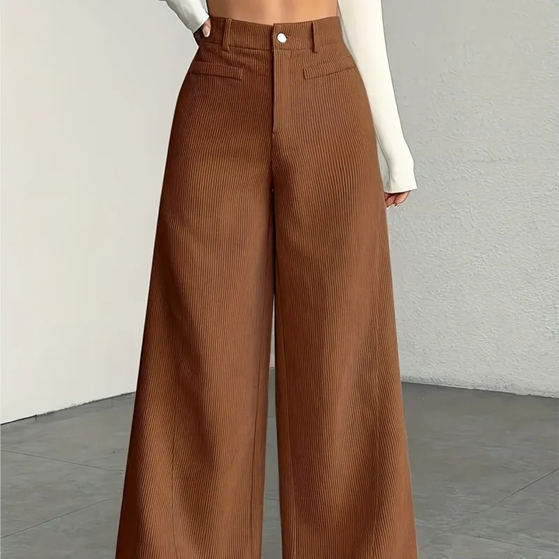 가을 겨울 하이웨이스트 와이드 레그 팬츠 여성 캐주얼 루즈 팬탈로네스 패션 다용도 얇은 단색 와이드 레그 바지