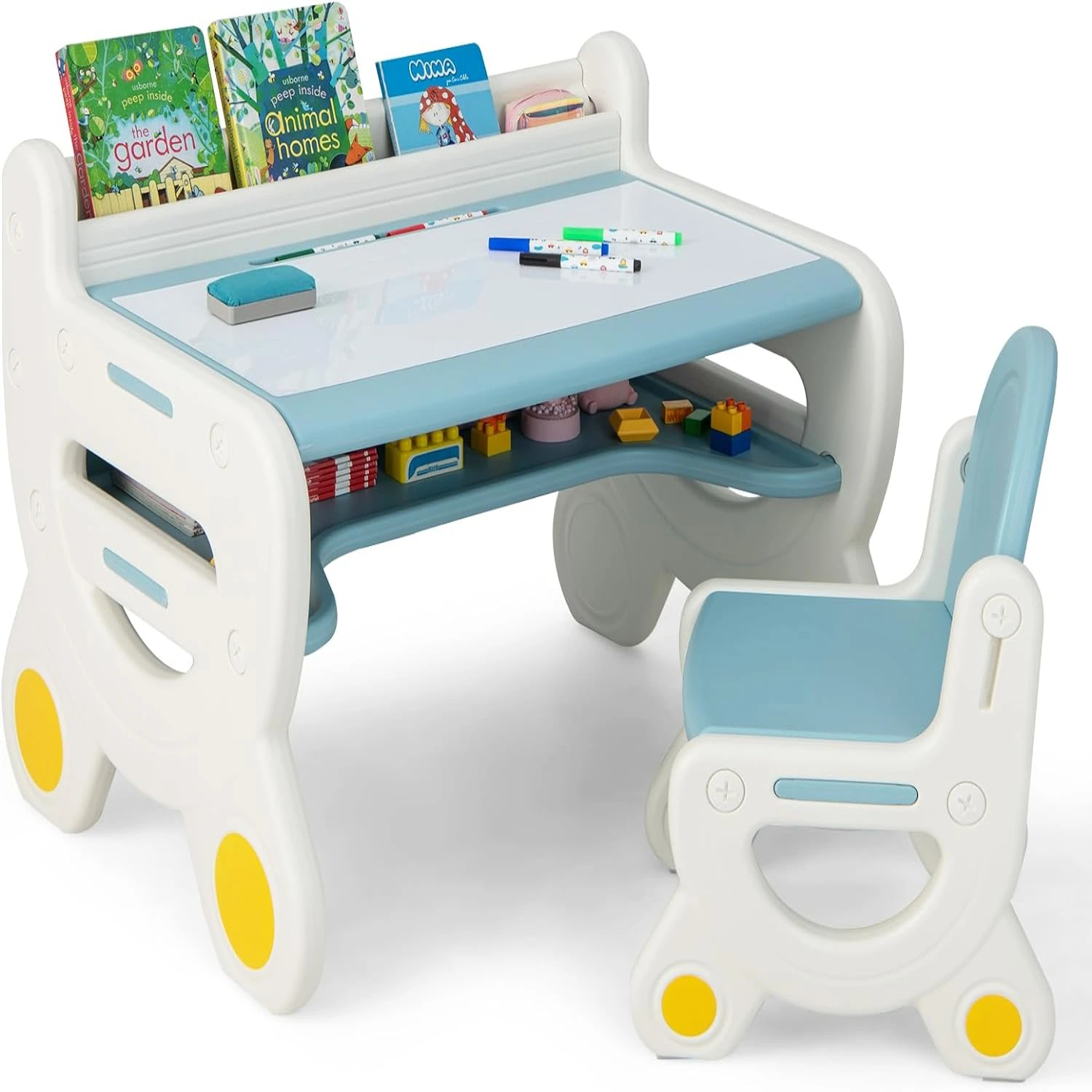 

and Chair Set, Plastic Activity with Watercolor Pens, Blackboard Eraser & for Drawing, Reading, Playing, Eating, Toddler