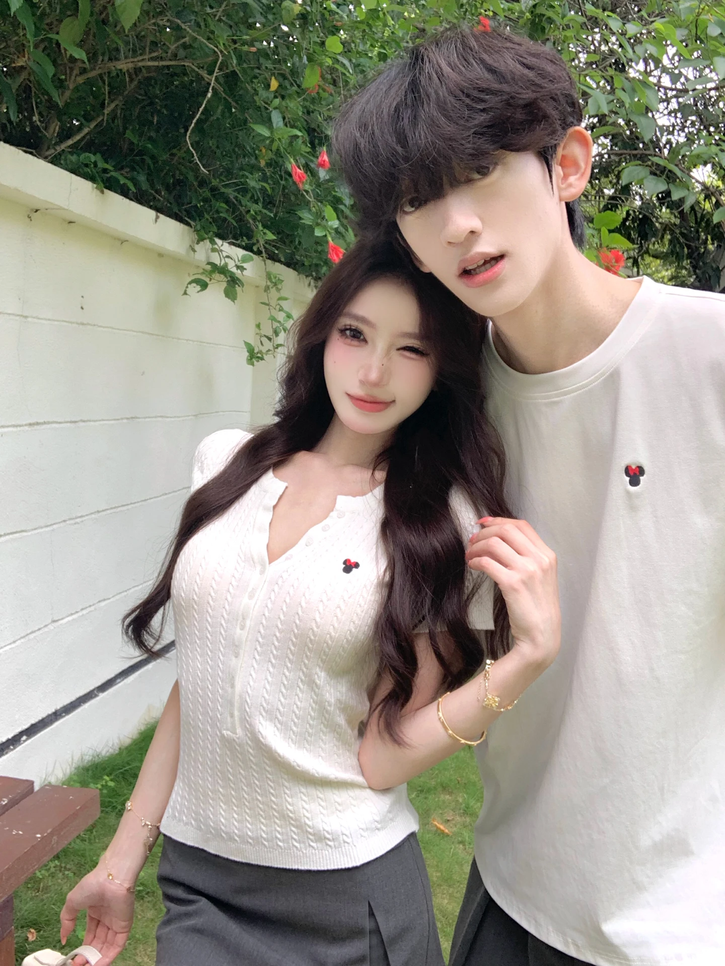 Korean Style College Couple Clothes Summer Short Sleeve Knitted V Neck Slimming Shoulder Top And Short Skirt Set Sweet And Sp...