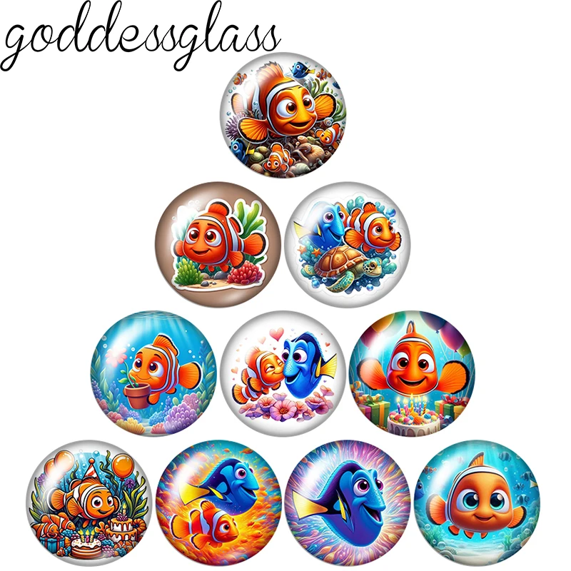 10 piezas de cabujones de cristal fotográfico con diseño de Pescado Payaso, Marlin y Dory de Buscando a Nemo, de 12mm/18mm/20mm, con base plana, para la creación de accesorios para llaveros y joyería.