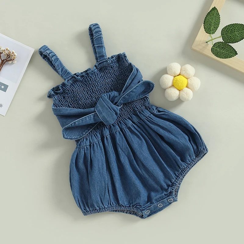 

Infant Girls Denim Romper Solid Color Bowknot Ruched Sleeveless Sling Bodysuits Summer Newborn Baby Playusits Clothing