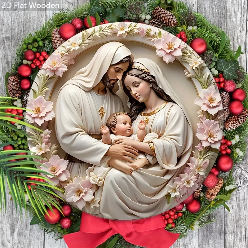 2D flach, 1-teiliges Weihnachts-Geburtstagsschild aus Holz – rosa Girlande, kreisförmige Wanddekoration, Feiertagsdekoration für die Haustür