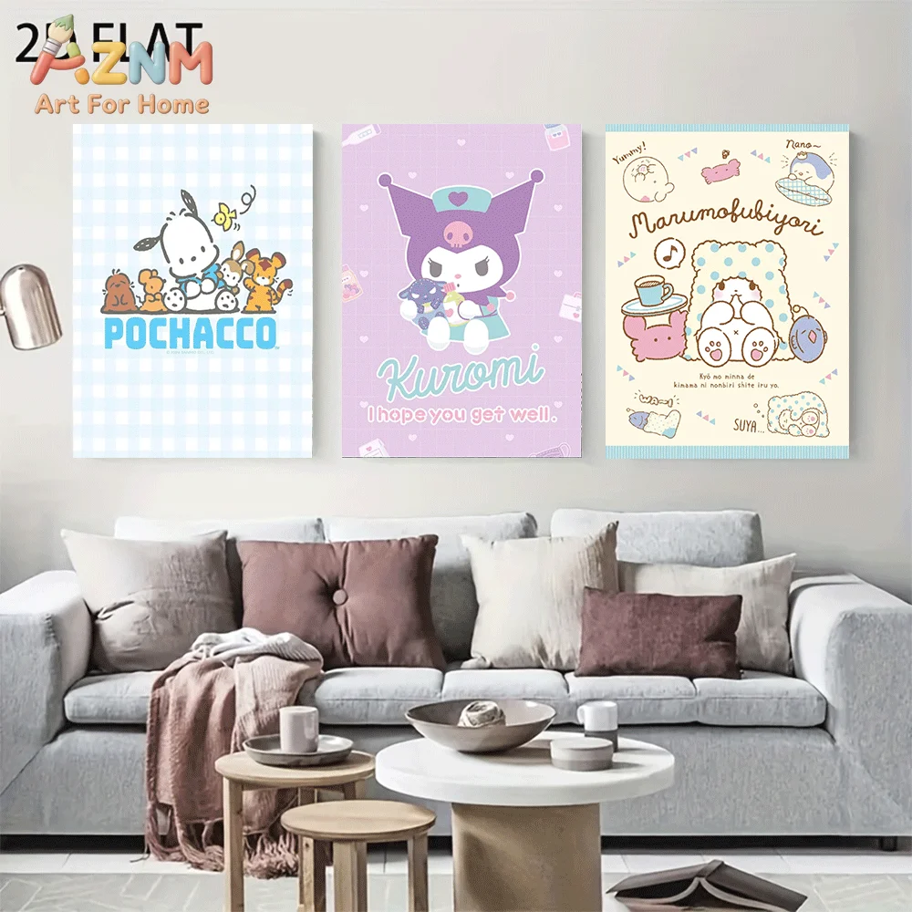 AZNM Sanrio Pochacco Kuromi Marumofubiyori Canvas Wall Art Unframed Cute Cartoon Print Poster Checkered Grid Kawaii Pastel Desig