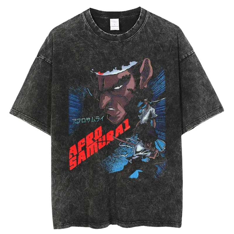 

Wholesale Summer Casual Oversized T-shirt Anime Printing Mens Afro Samurai Vintage Washed Hip Hop Tees Unisex Short Sleeve tops