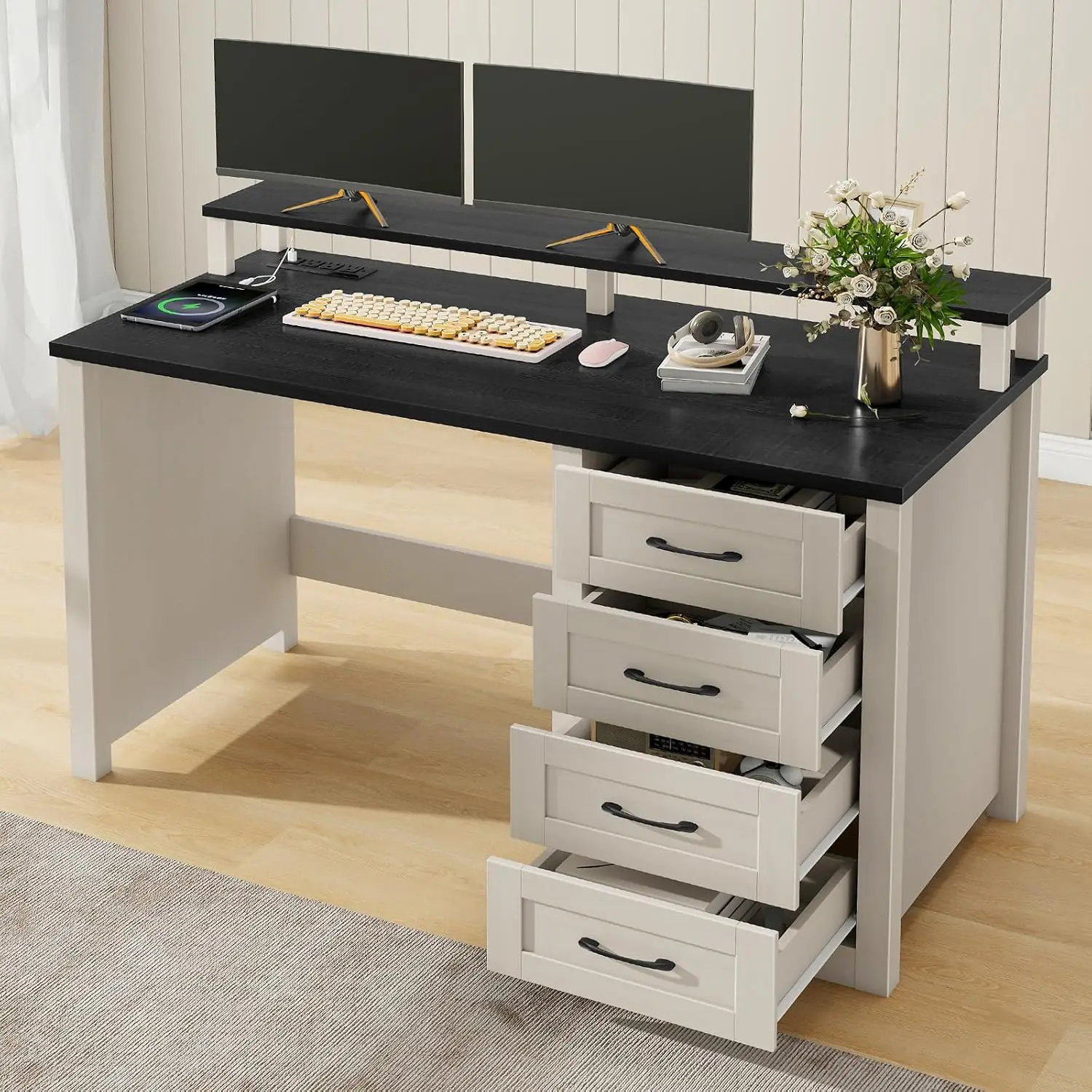 Computer Desk with Monitor Stand and Power Outlets, Large Workspace for Work Study Writing