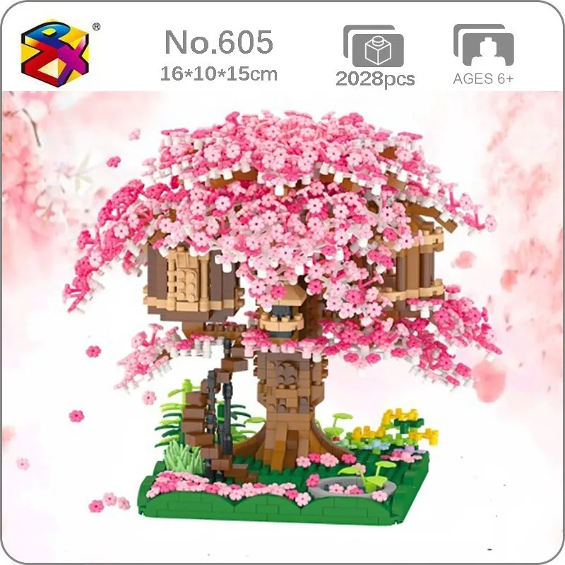 LJ 605 Architectuur Sakura Boomhut Tuin Roze Bloem Plant Veld Mini Diamant Blokken Bakstenen Bouwspeelgoed voor Kinderen geen Doos