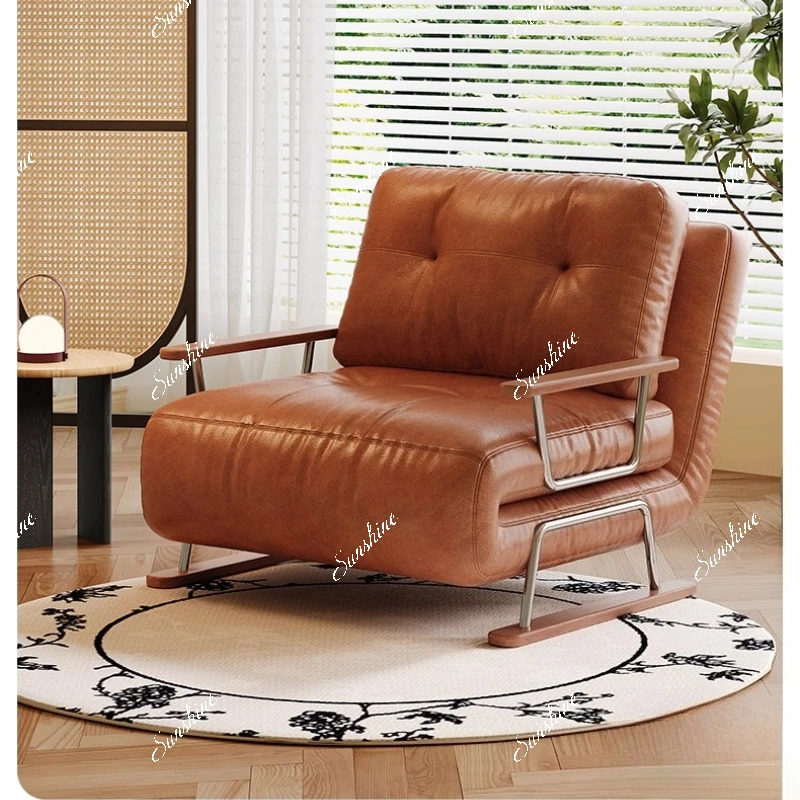 

Small apartment living room bedroom single foldable medieval retro oil wax leather sofa bed