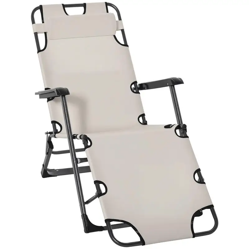 

Folding Chaise Lounge Chair for Outside, 2-in-1 Tanning Chair with Pillow & Pocket, Adjustable Pool Chair for Beach, Patio, Lawn, Deck, Cream White