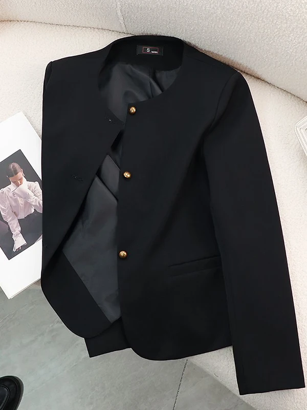 

plus Size 300 Pou Bla No Collar Long Sve Women's Suit Jaet Spring Versatile round Ne Western Sle Casual Outerwear