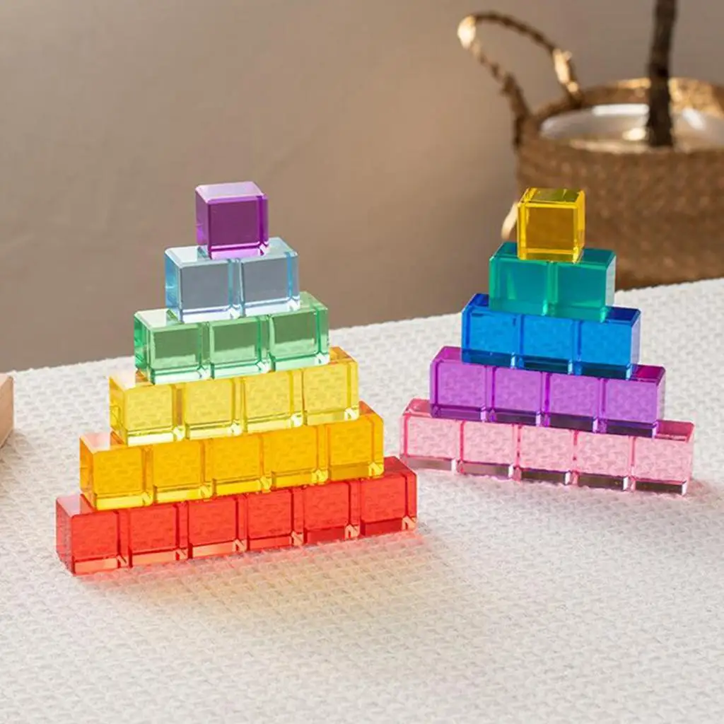 Rainbow Gemstone Cubes Stacking Toy for Kids Building Blocks Set Montessori Toys Acrylic Color Learning Game Wooden Box Storage