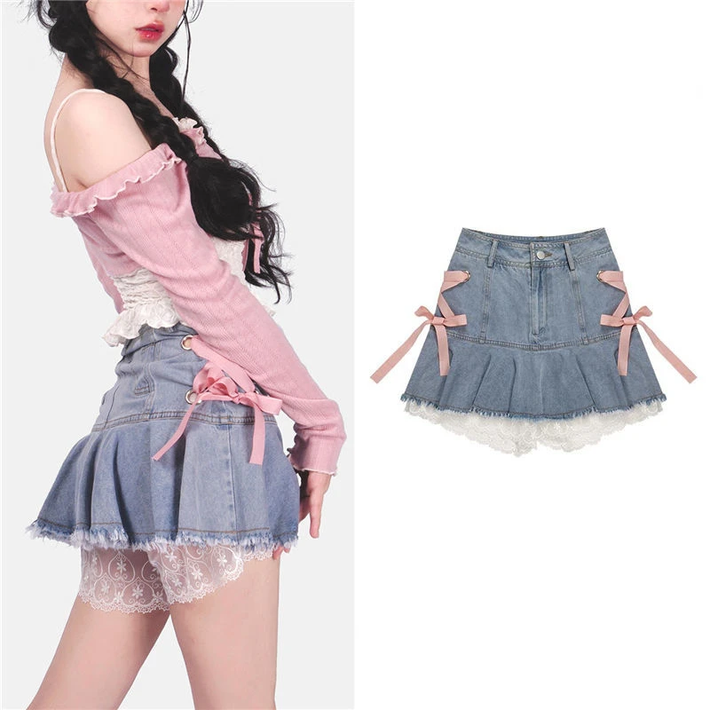 Pink strappy denim skirts women 2022 summer elegant sexy hot girl white lace stitching miniskirt ins casual sweet A-line skirt