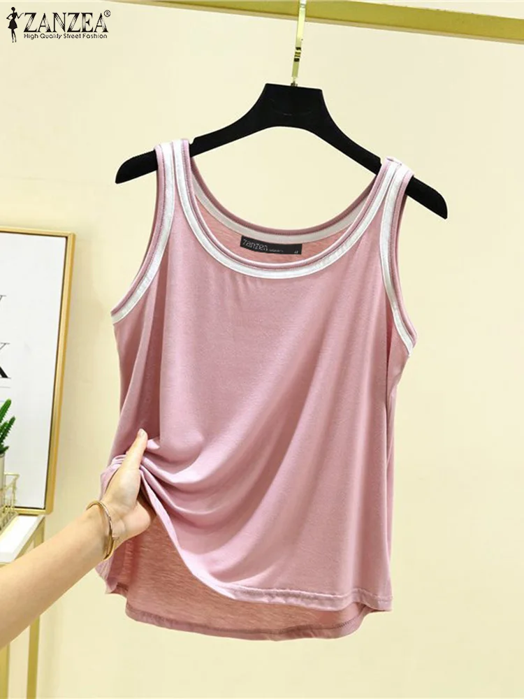 ZANZEA-Tops casuais femininos soltos de remendos, camis para dormir verão, tees caseiros, tanques sem mangas, camisas sexy com o pescoço, moda, 2024