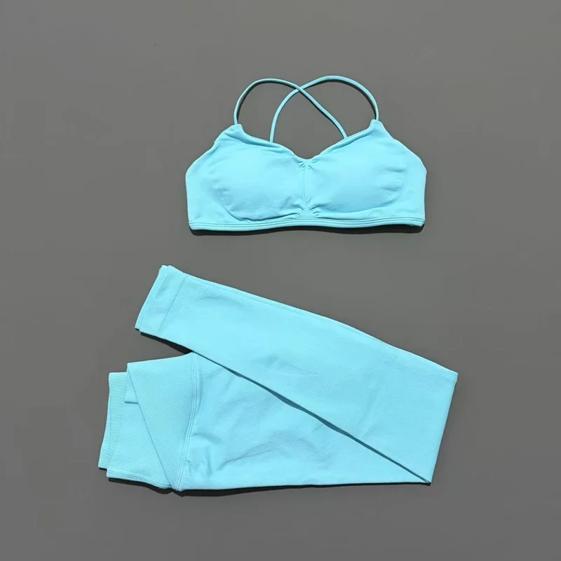 2-teiliges HISTELLO Vision Fitness-Set Nahtloser Cross-Back-BH und Tiefsitzende Rüschen-Leggings Schnelltrocknende Sport-Trainingssets – Detail 14